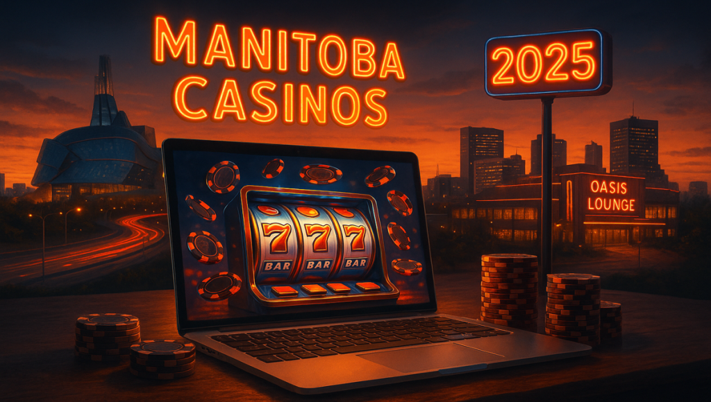 Digitally rendered 2025 promotional graphic for Manitoba Casinos featuring a nighttime Winnipeg skyline, illuminated Canadian Museum for Human Rights, and a laptop displaying a winning slot machine with triple red sevens and BAR symbols; surrounded by poker chips and neon signs reading "MANITOBA CASINOS," "2025," and "OASIS LOUNGE."