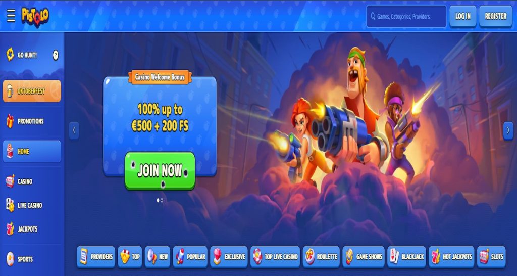 Animated Pistolo casino banner featuring three cartoon gunmen in smoke-filled urban scene, promoting 100% up to €500 + 200 free spins welcome bonus. Includes navigation menu with casino, live casino, jackpots, sports, and Oktoberfest sections, plus 'Join Now' button with bullet hole graphics.